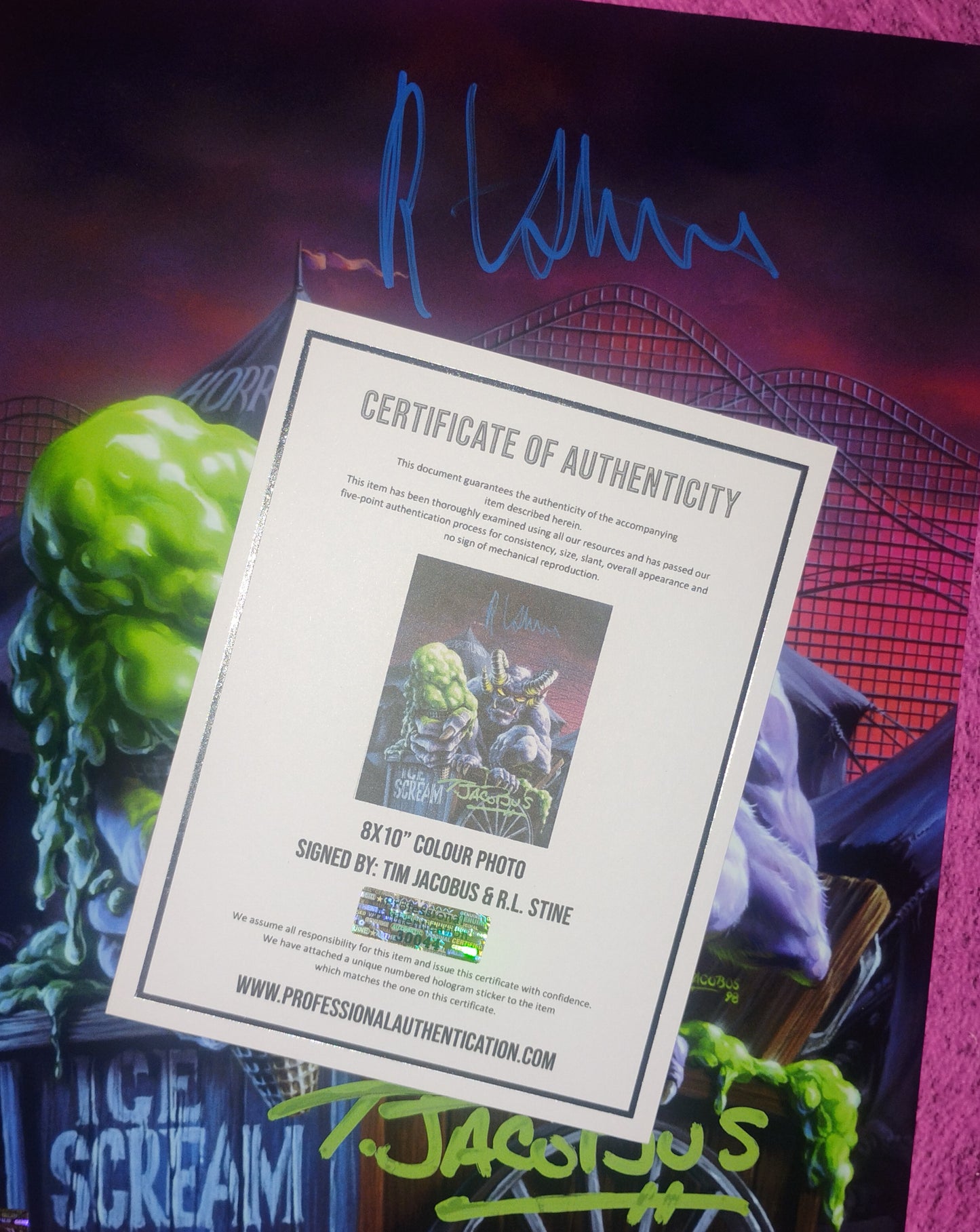 R.L. Stine & Tim Jacobus Hand Signed Autograph 8x10 Photo COA Goosebumps