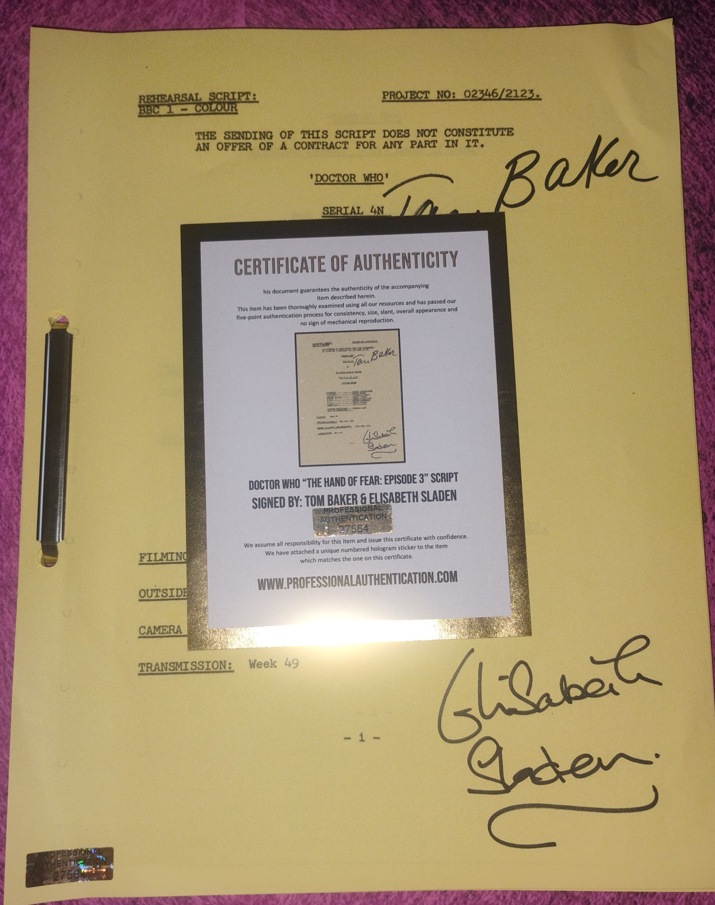 Elisabeth Sladen & Tom Baker Hand Signed Autograph Doctor Who Script COA