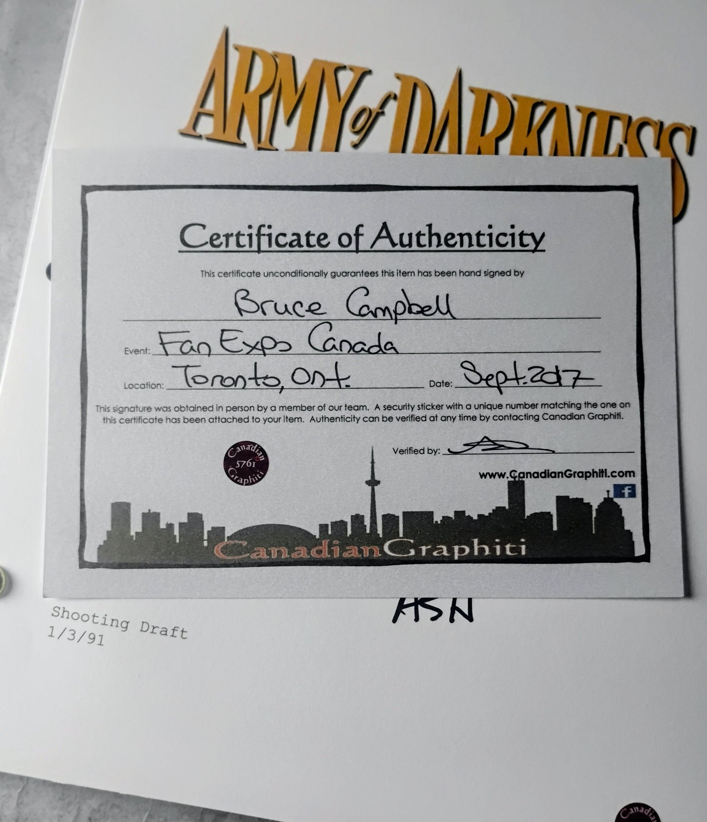 Bruce Campbell Hand Signed Autograph ArmybOf Darkness Script COA