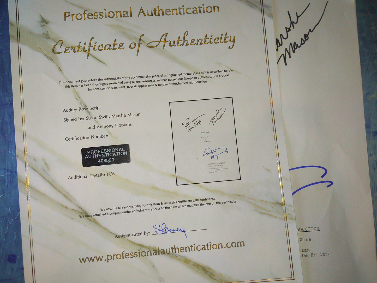 Audrey Rose Cast Hand Signed Autograph Script COA Anthony Hopkins