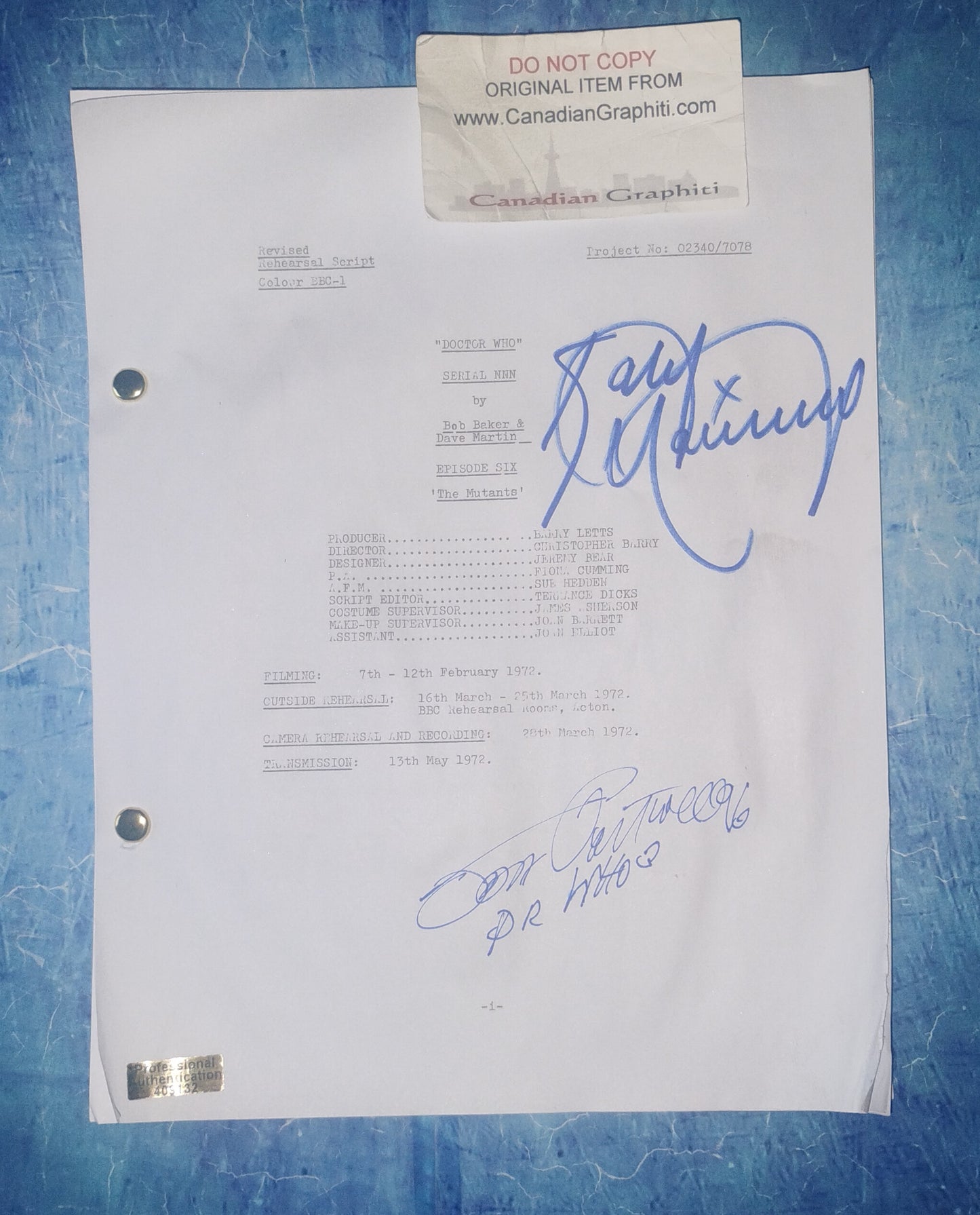 Jon Pertwee & Katy Manning Hand Signed Autograph Doctor Who Script COA