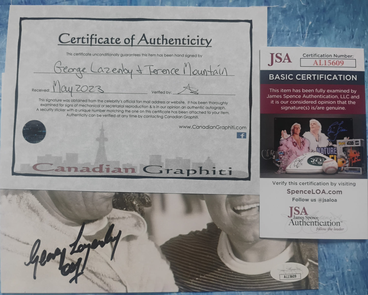 George Lazenby & Terence Mountain Hand Signed Autograph Photo JSA COA James Bond