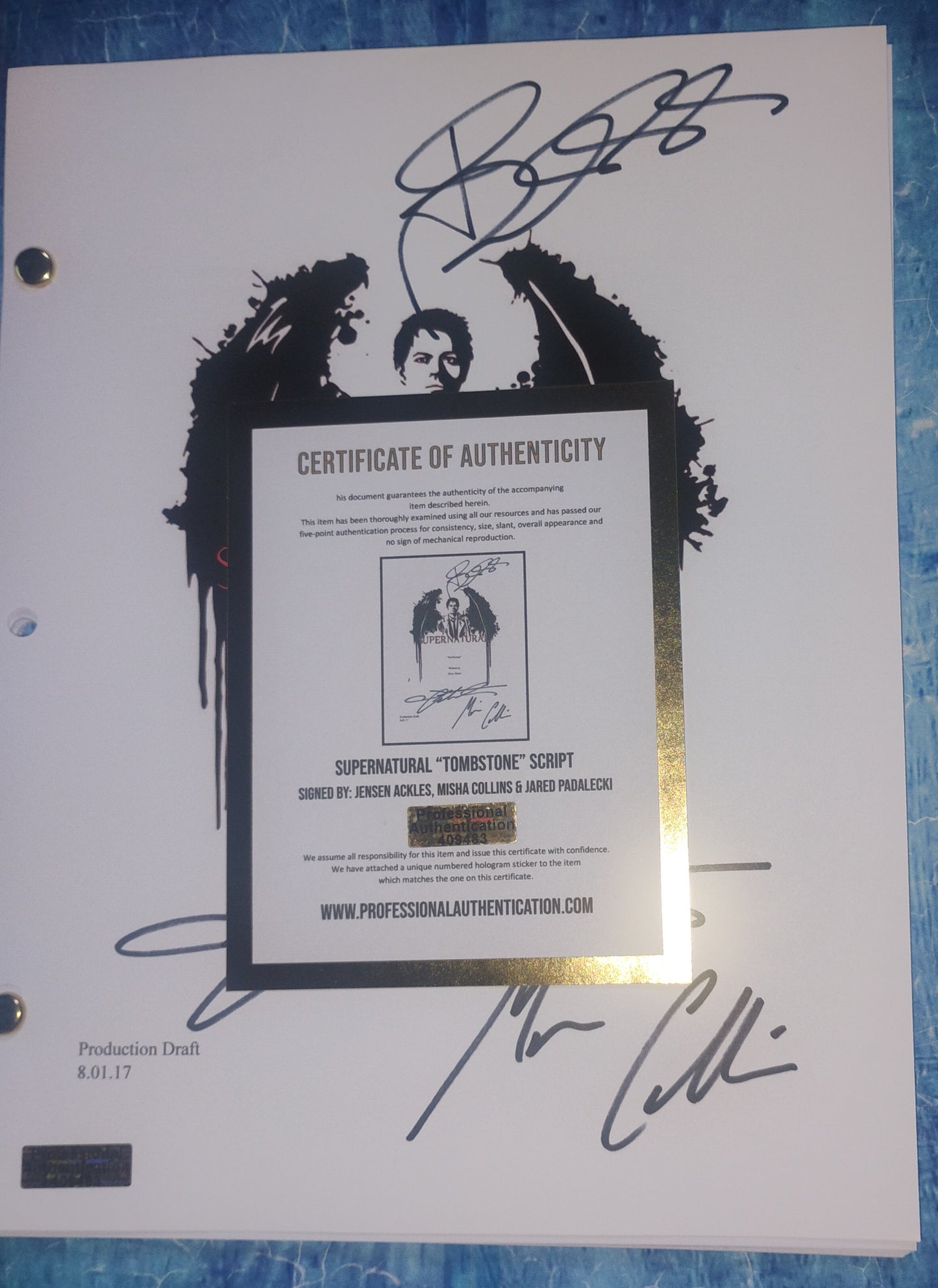 Jensen Ackles, Jared Padalecki & Misha Collins Hand Signed Autograph Supernatural Script COA