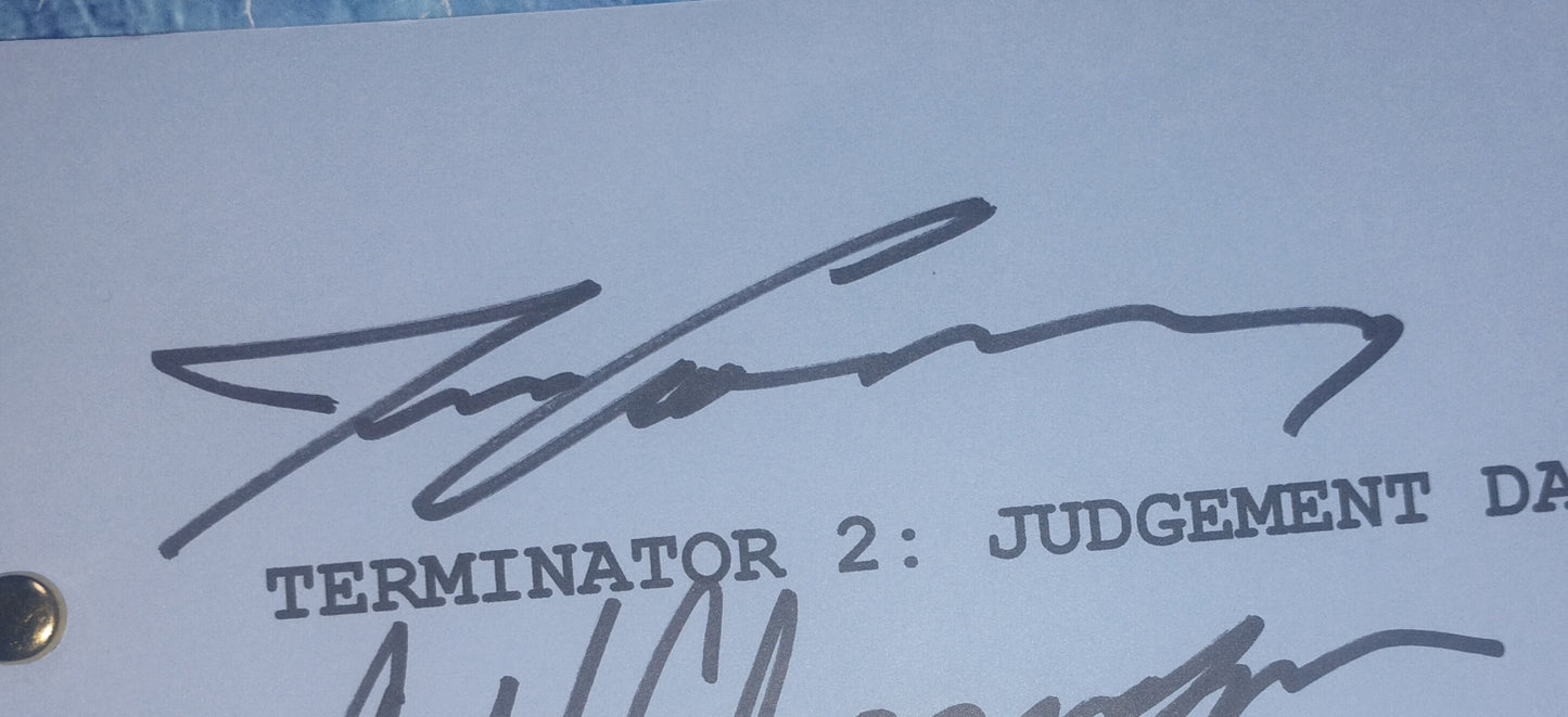 Terminator 2 Cast Hand Signed Script COA Arnold Schwarzenegger, Linda Hamilton, Edward Furlong