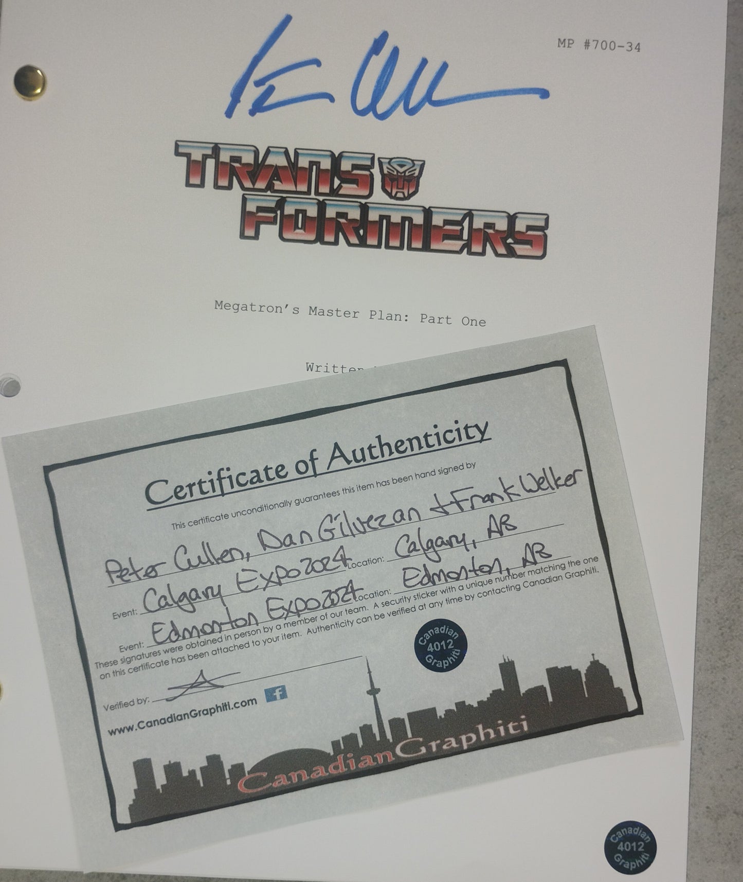 Peter Cullen, Frank Welker & Dan Gilvezan Hand Signed Autograph Transformers Script COA