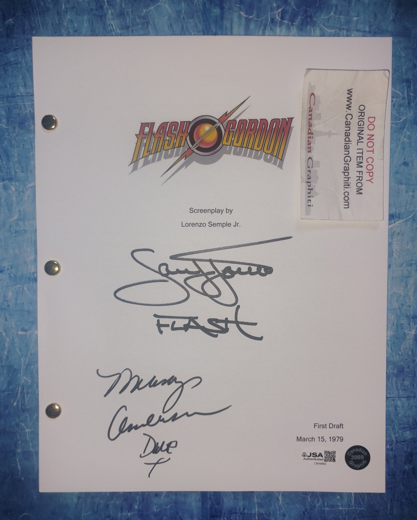 Sam J Jones & Melody Anderson Hand Signed Autograph Flash Gordon Script JSA COA