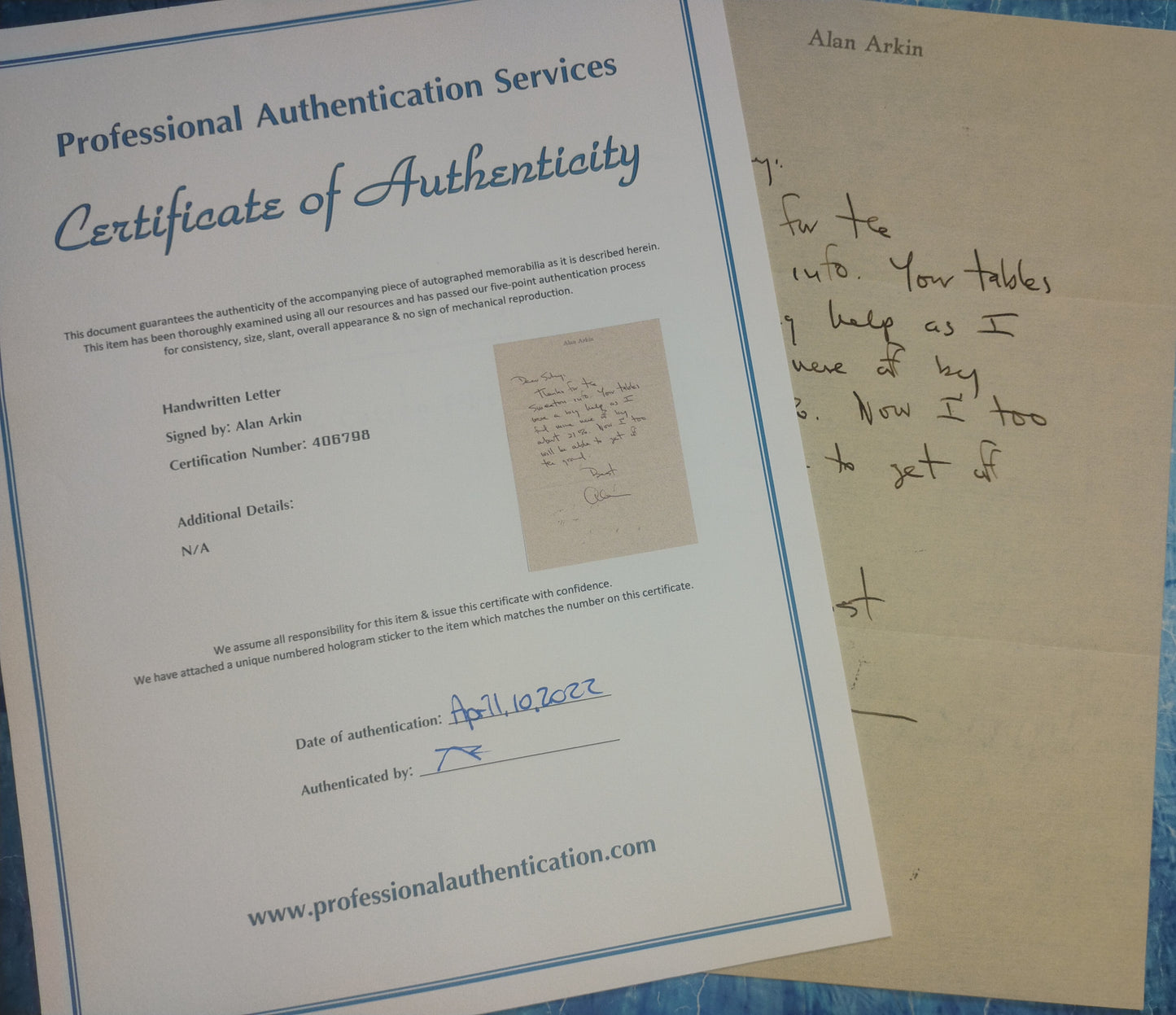 Alan Arkin Hand Signed Autograph Personal Letter COA
