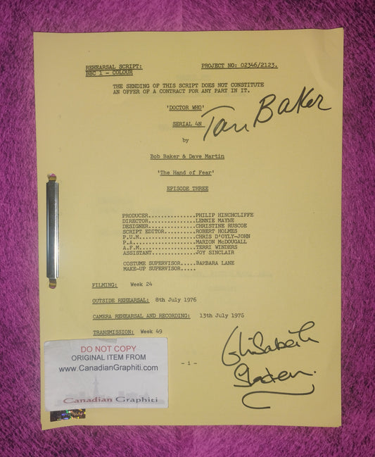 Elisabeth Sladen & Tom Baker Hand Signed Autograph Doctor Who Script COA