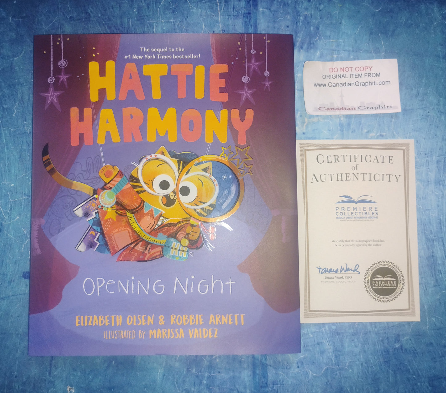 Elizabeth Olsen & Robbie Arnett Hand Signed Autograph Hattie Harmony Book COA
