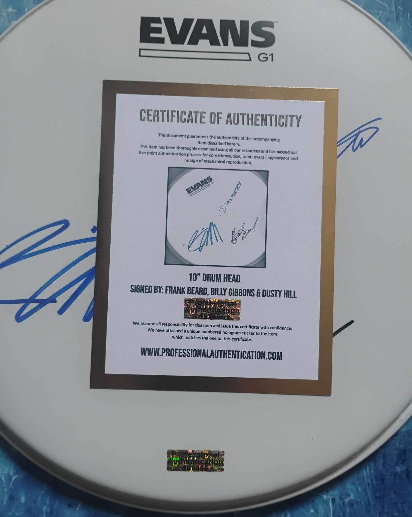 ZZ Top Hand Signed Autograph Drum Head COA Frank Beard, Billy Gibbons & Dusty Hill