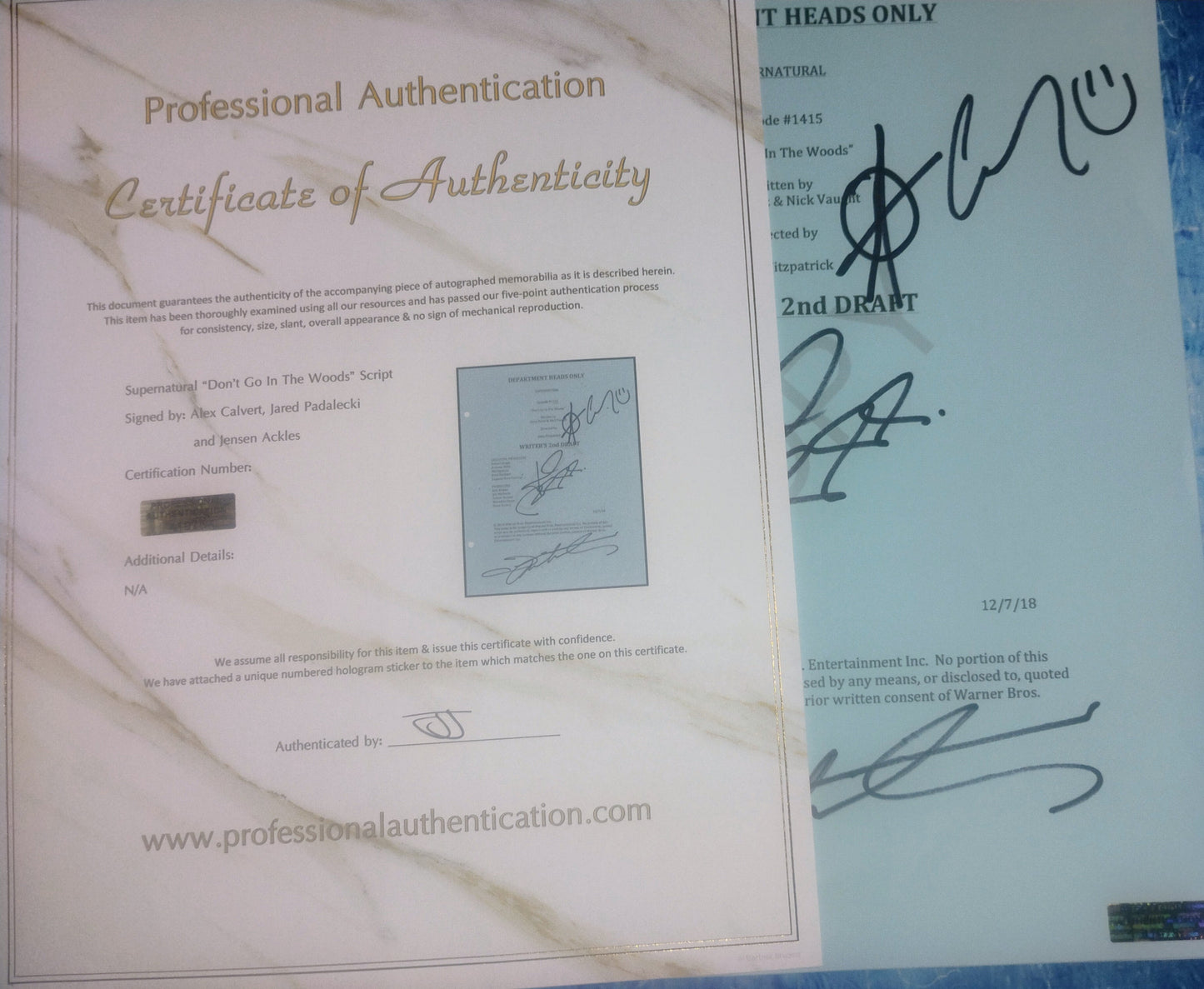 Supernatural 3x Hand Signed Autograph Script COA Jensen Ackles, Jared Padalecki
