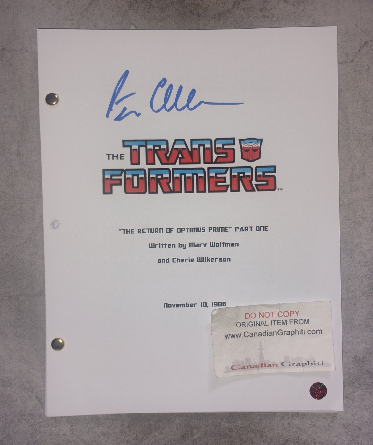 Peter Cullen Hand Signed Autograph Transformers Script COA