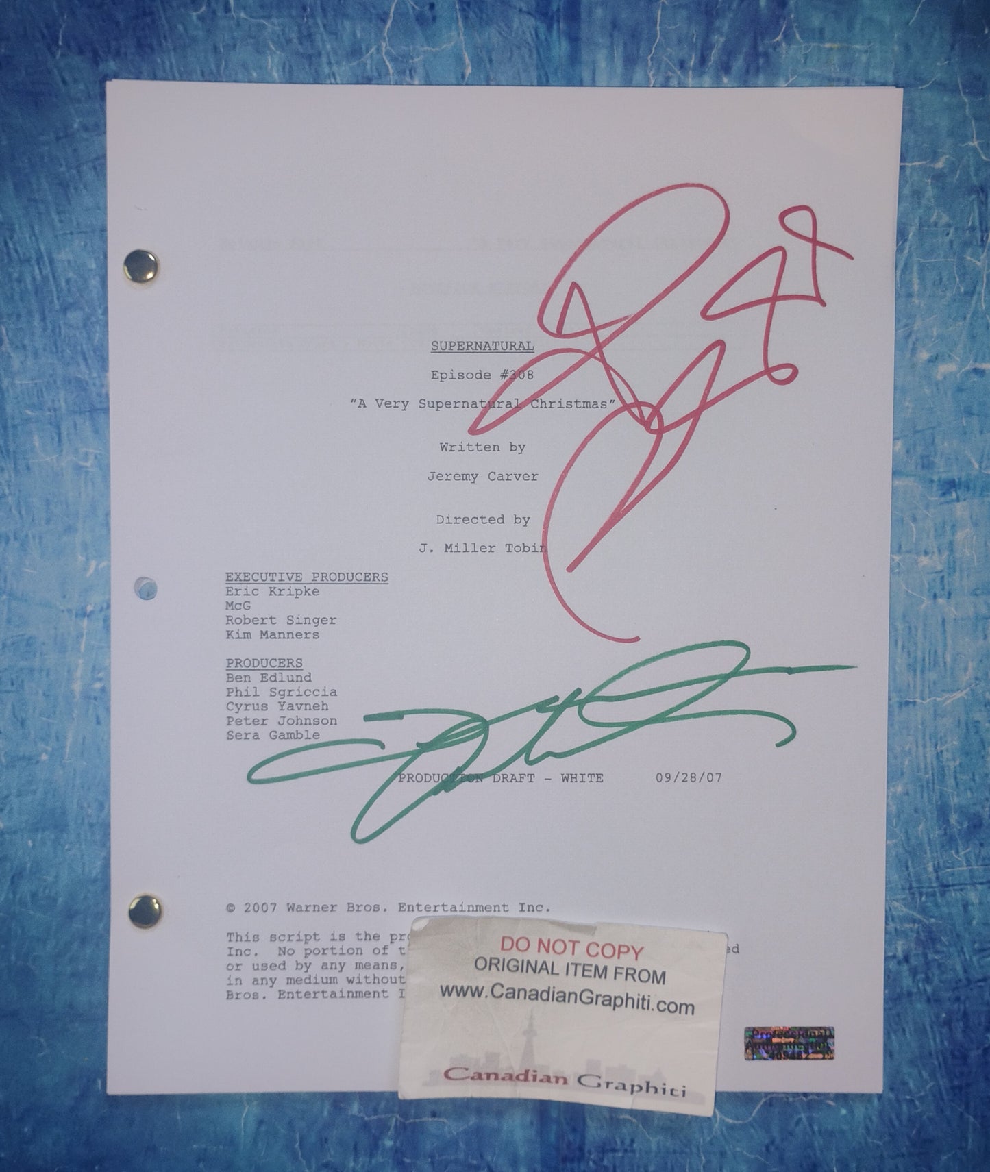 Jensen Ackles & Jared Padalecki Hand Signed Autograph Supernatural Script COA