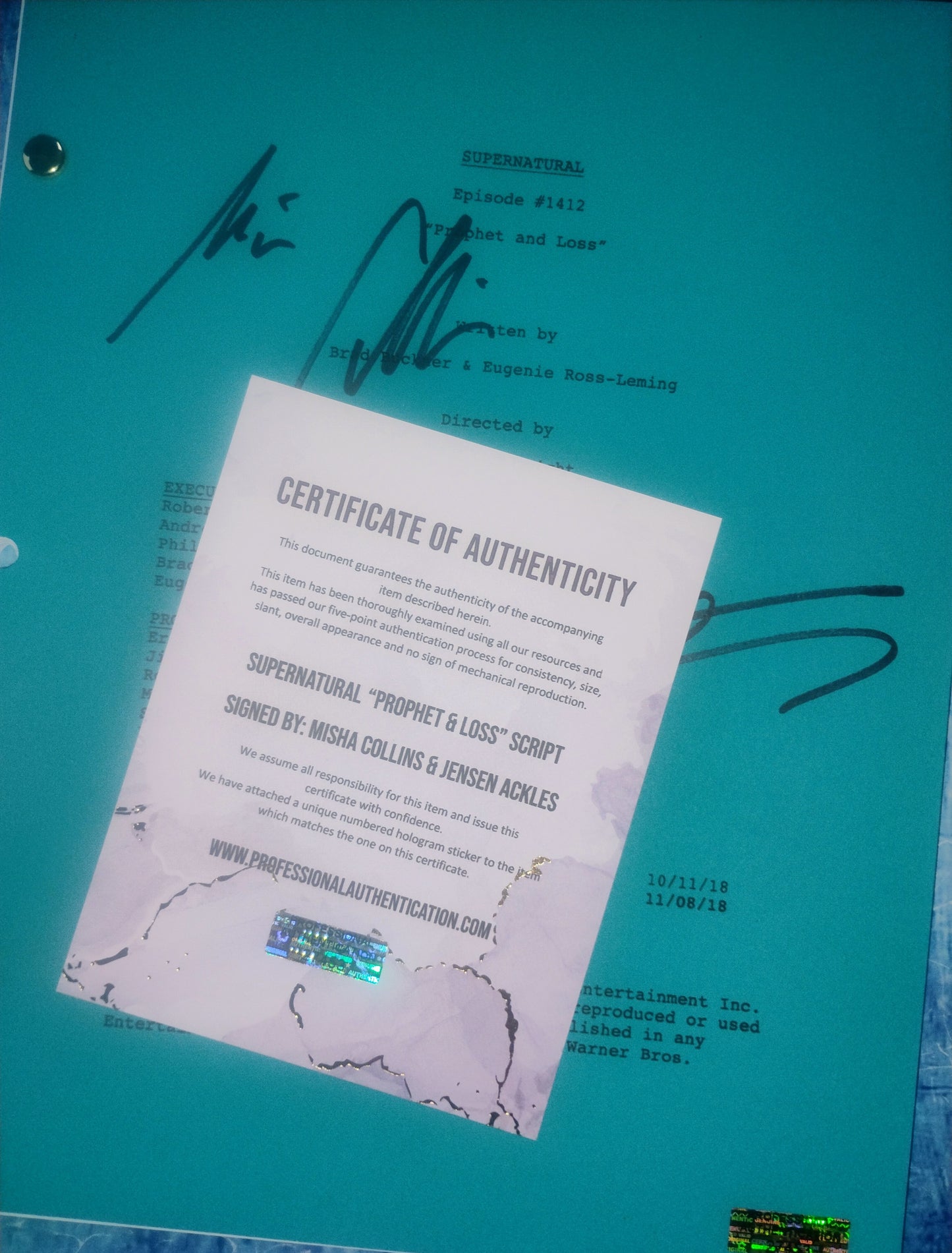 Jensen Ackles & Misha Collins Hand Signed Autograph Supernatural Script COA