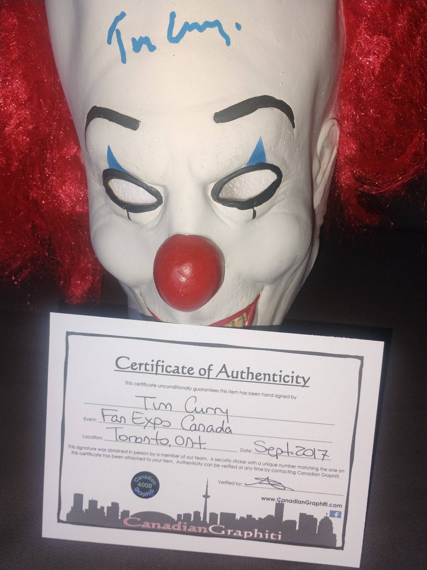 Tim Curry Hand Signed Autograph Pennywise Mask COA