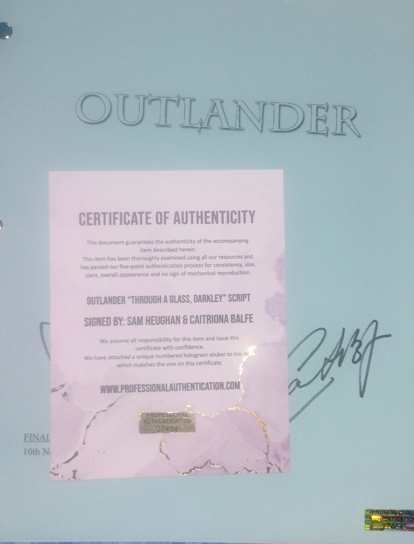 Caitriona Balfe & Sam Heughan Hand Signed Autograph Outlander Script COA