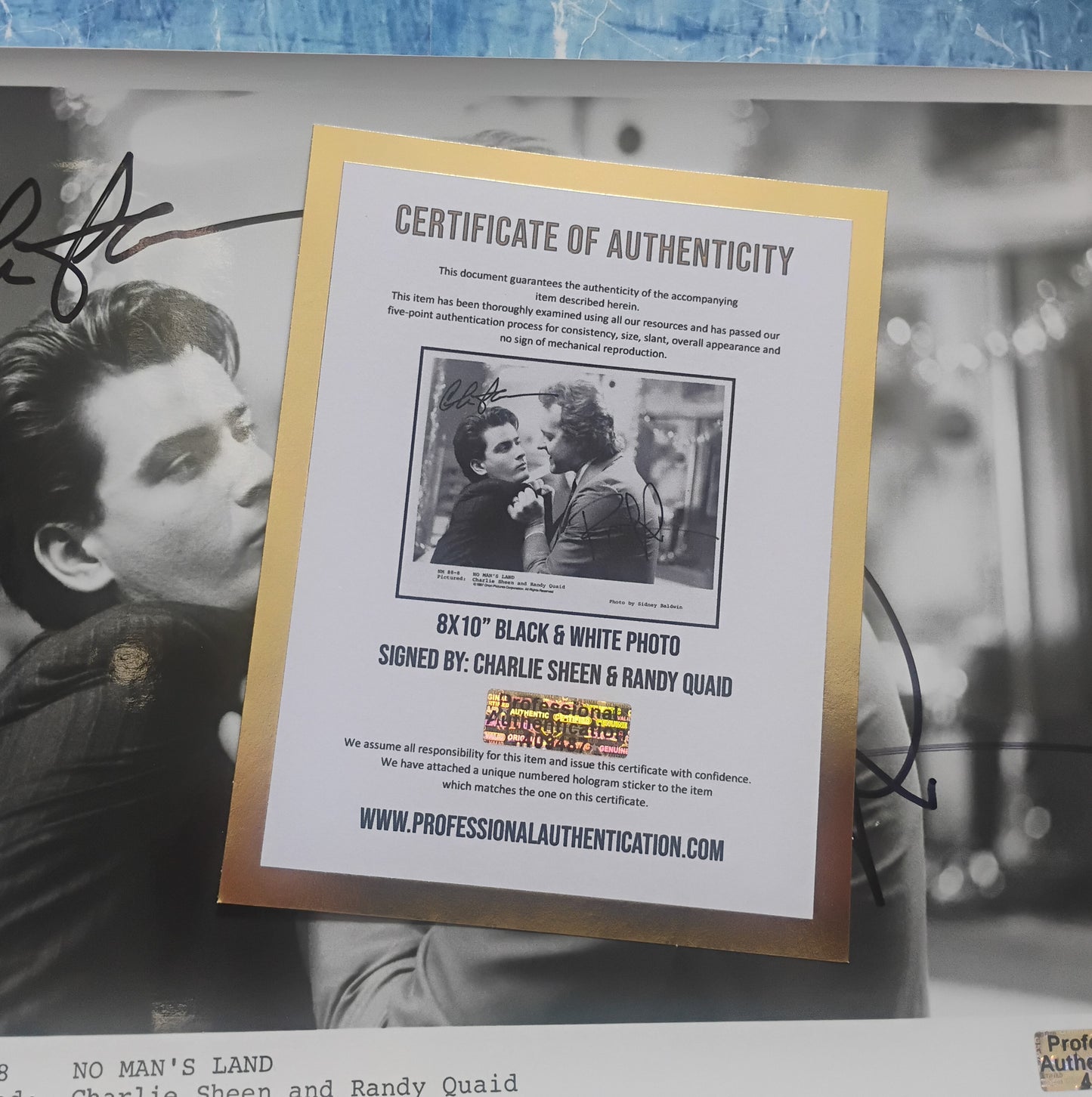 Charlie Sheen & Randy Quaid Hand Signed Autograph 8x10 Photo COA No Man's Land