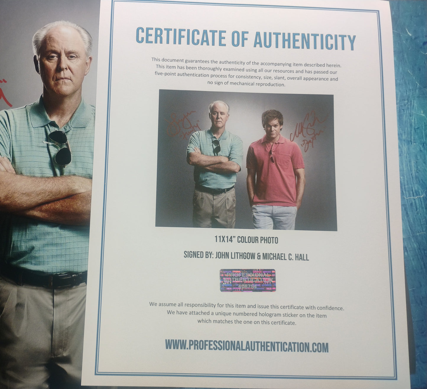John Lithgow & Michael C Hall Hand Signed Autograph 11x14 Photo COA Dexter