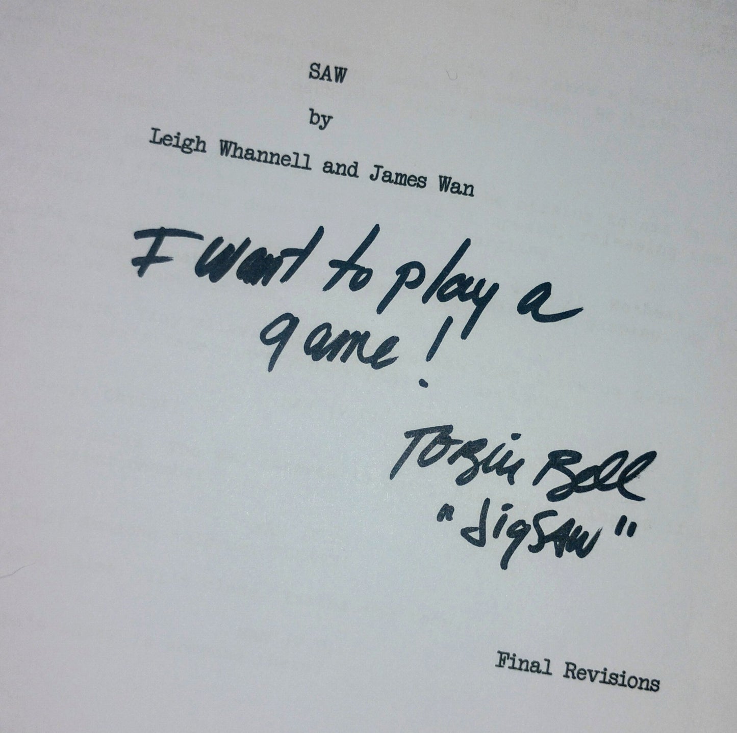 Tobin Bell Hand Signed Autograph Saw Script COA