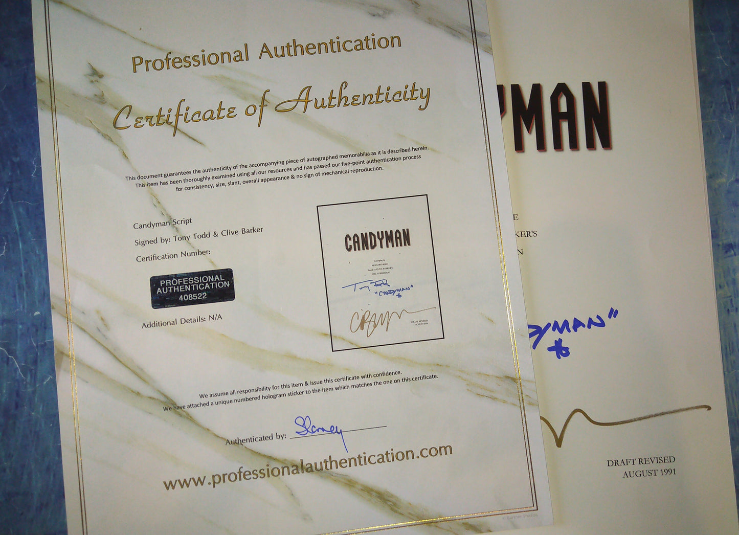 Tony Todd & Clive Barker Hand Signed Autograph Candyman Script COA