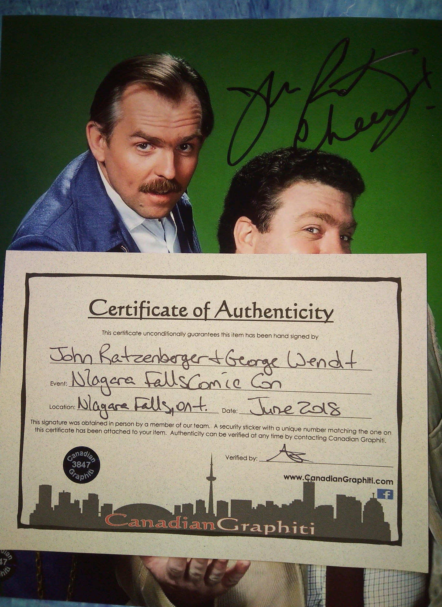 George Wendt & John Ratzenberger Hand Signed Autograph 8x10 Photo COA Cheers