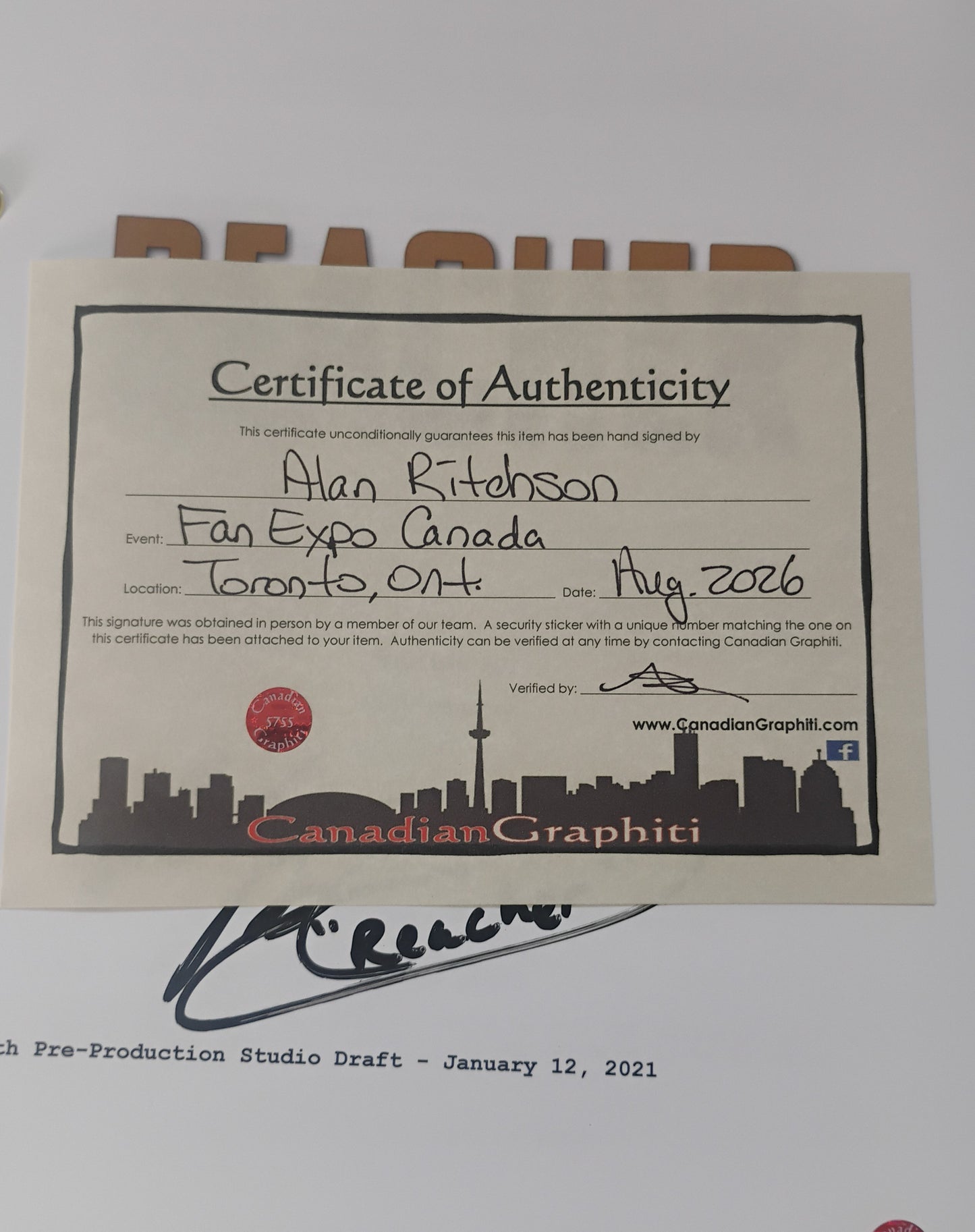 Alan Ritchson Hand Signed Autograph Reacher Script OPix COA