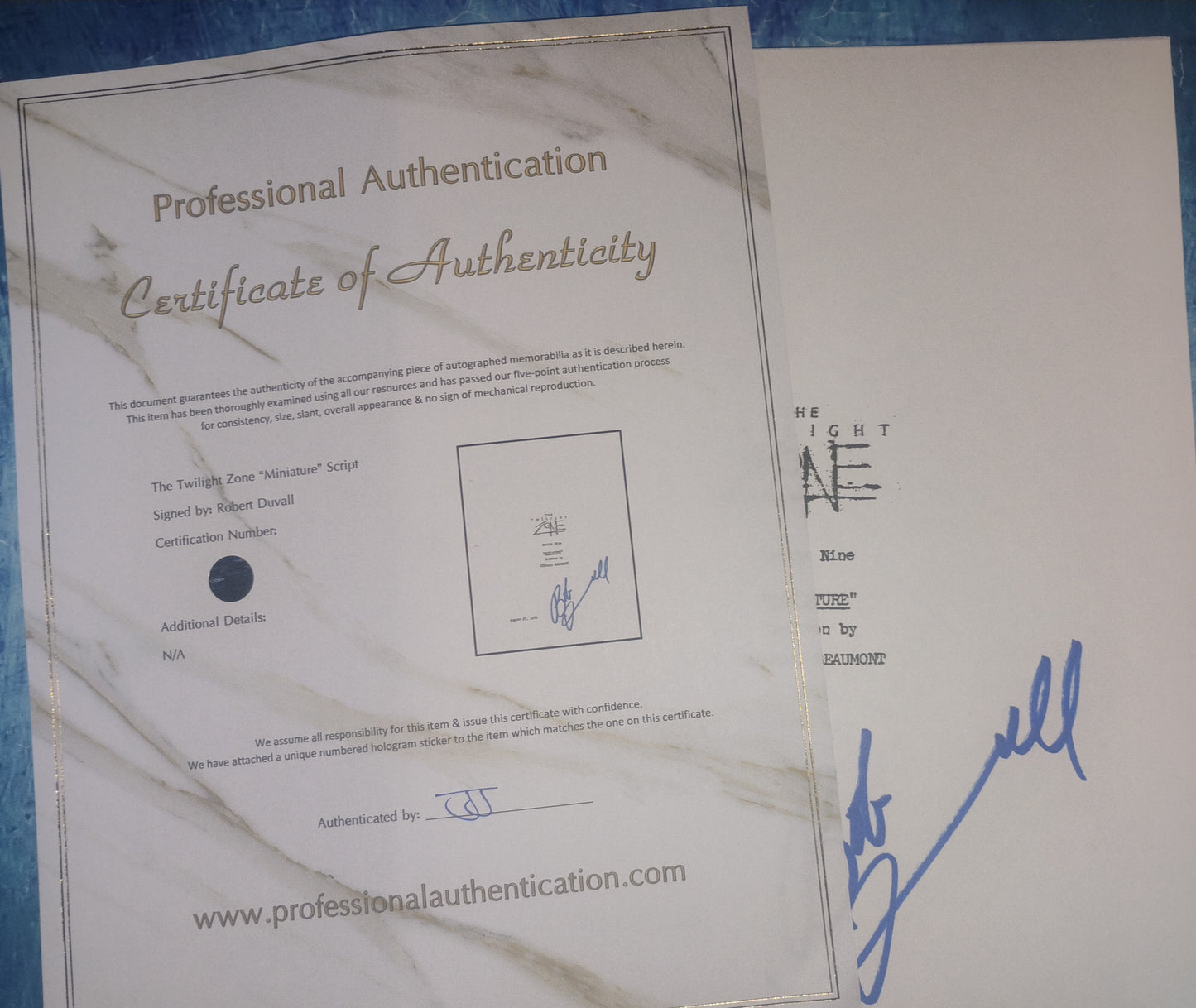 Robert Duvall Hand Signed Autograph Twilight Zone Script COA