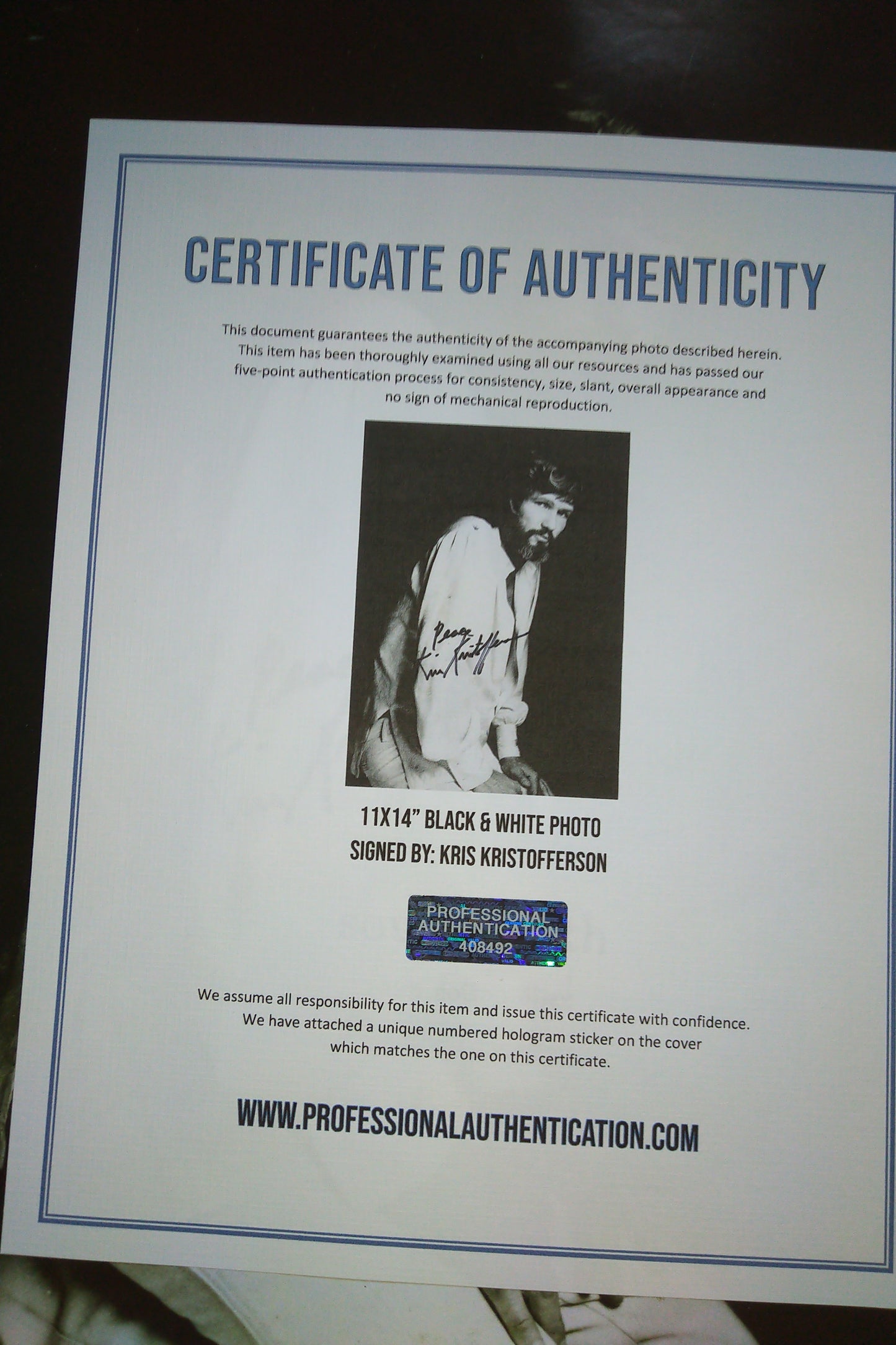 Kris Kristofferson Hand Signed Autograph 11x14 Photo COA