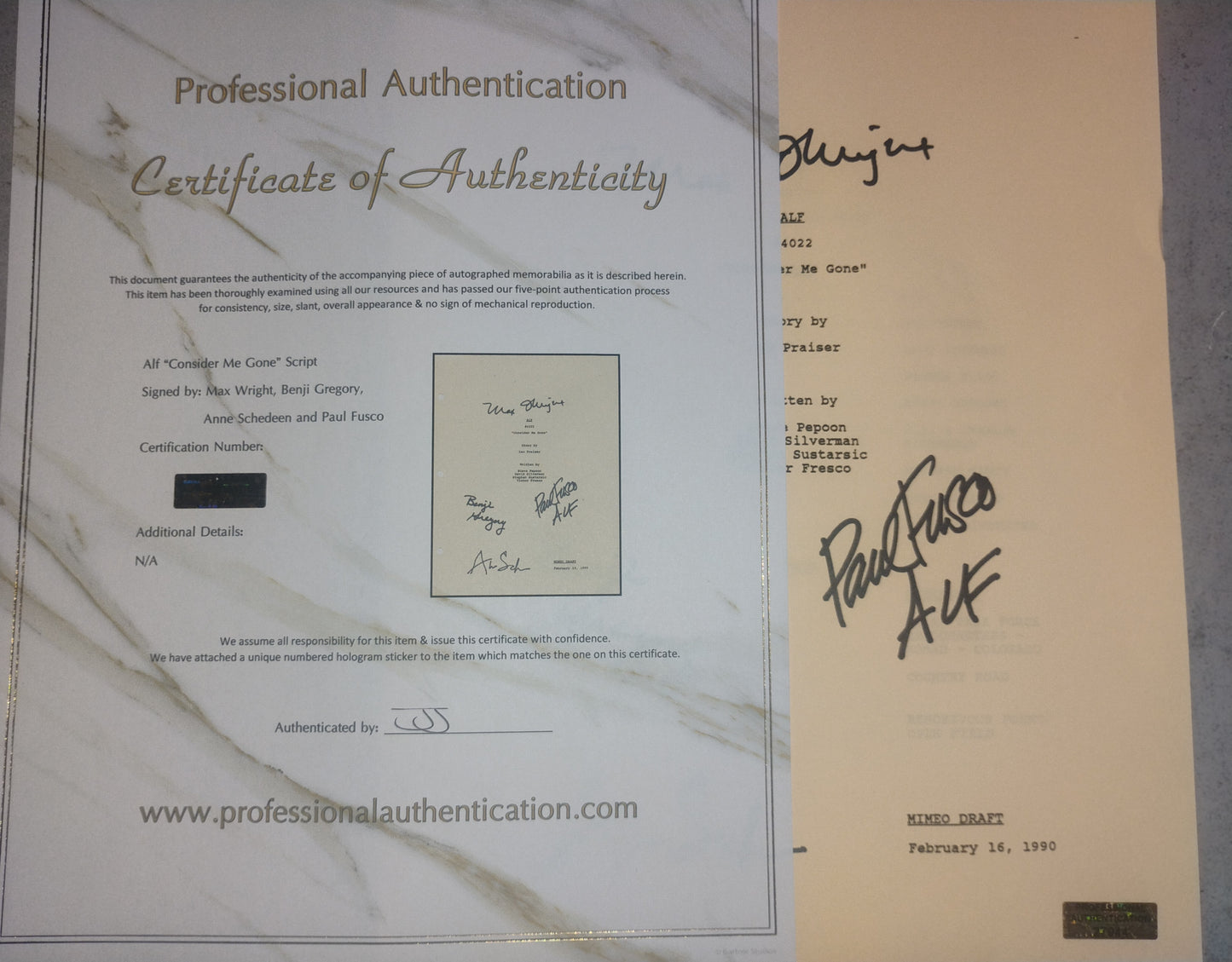 Alf 4x Cast Hand Signed Script COA Max Wright, Paul Fusco, Benji Gregory & Anne Schedeen