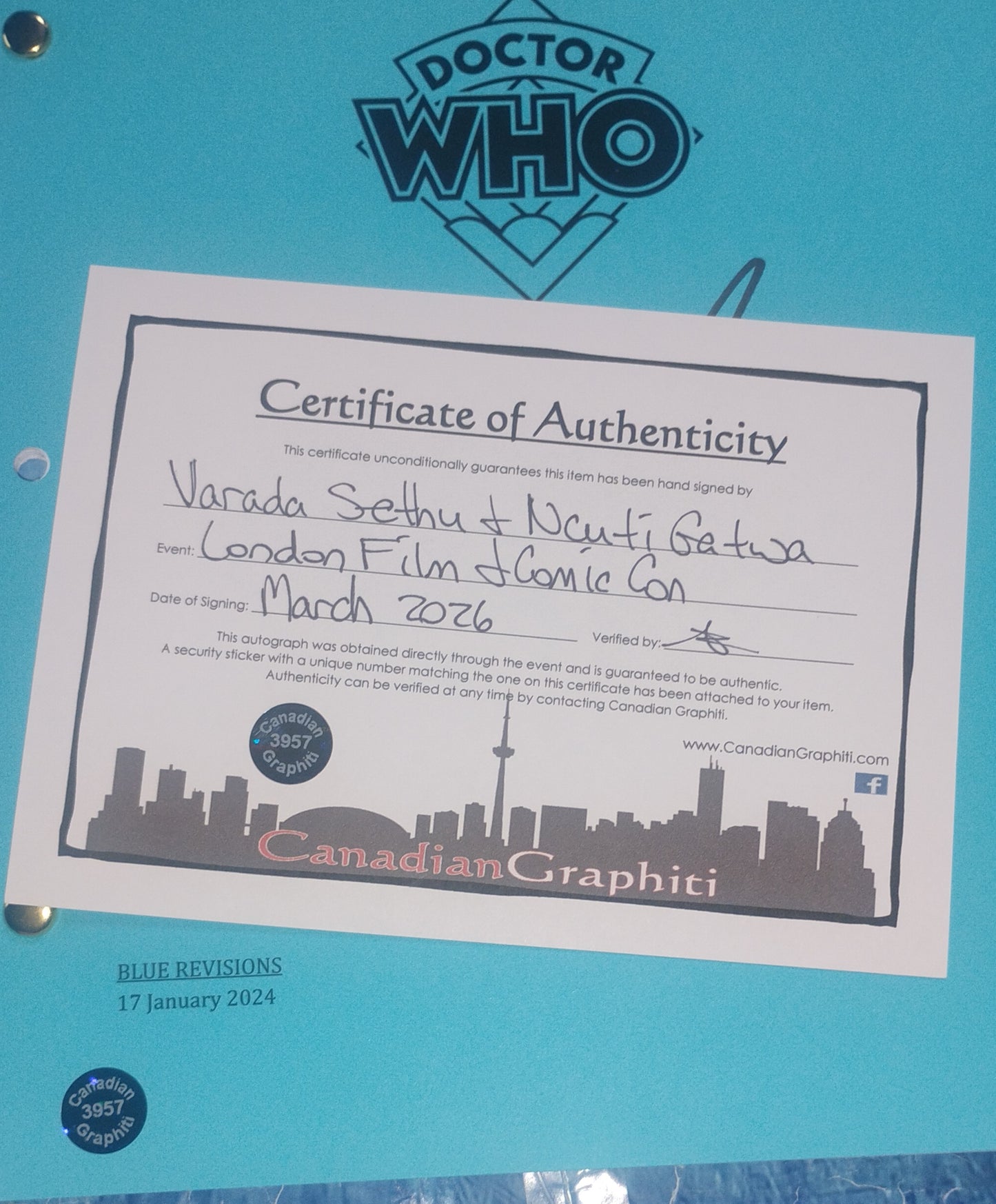 Varada Sethu & Ncuti Gatwa Hand Signed Autograph Doctor Who Script COA