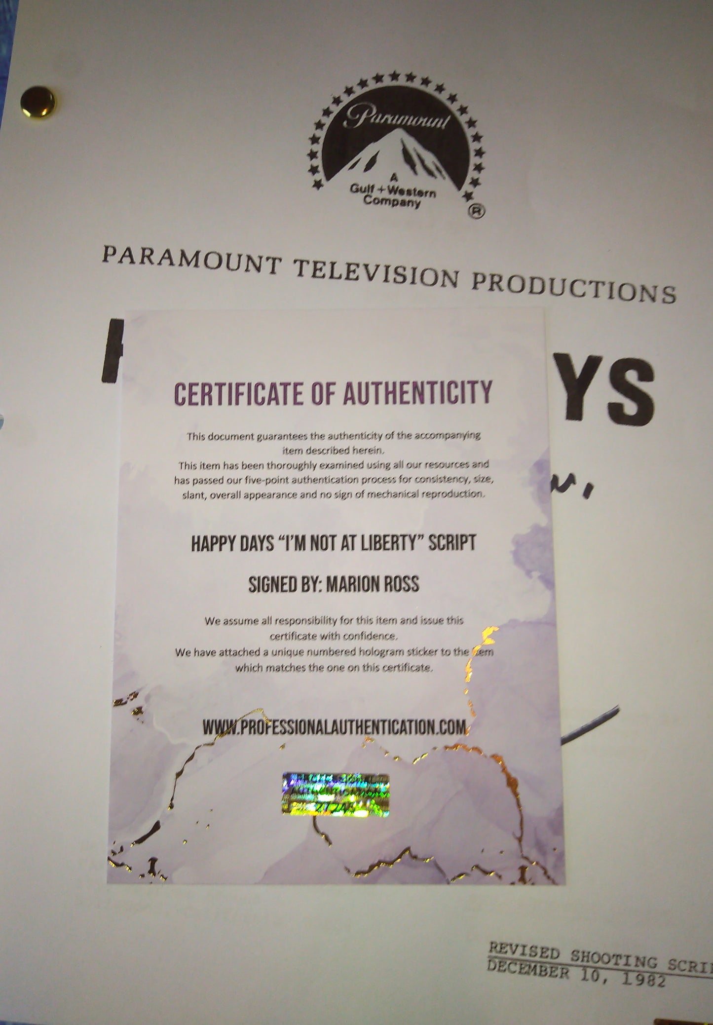 Marion Ross Hand Signed Autograph Happy Days Script COA