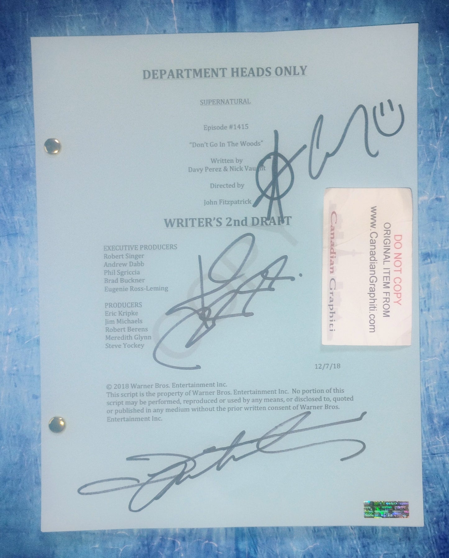 Supernatural 3x Hand Signed Autograph Script COA Jensen Ackles, Jared Padalecki