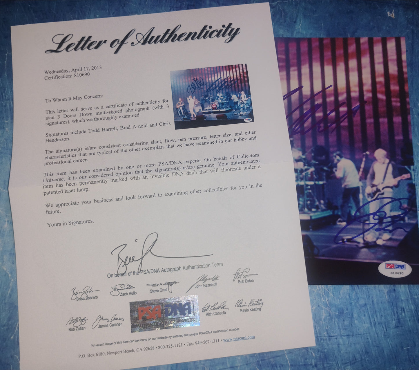 3 Doors Down Hand Signed Autograph 8x10 Photo PSA COA Brad Arnold, Todd Harrell, Matt Roberts