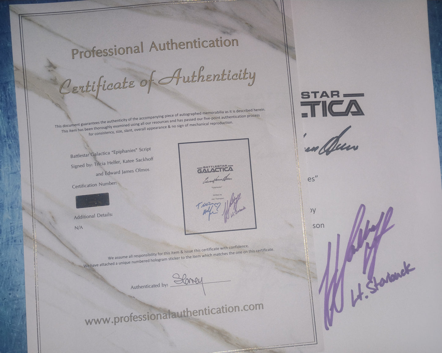 Battlestar Galactica 3x Hand Signed Script COA Tricia Helfer, Edward James Olmos & Katee Sackhoff