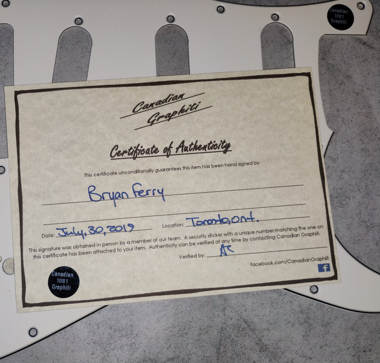 Bryan Ferry Hand Signed Autograph Guitar Pick Guard COA Roxy Music