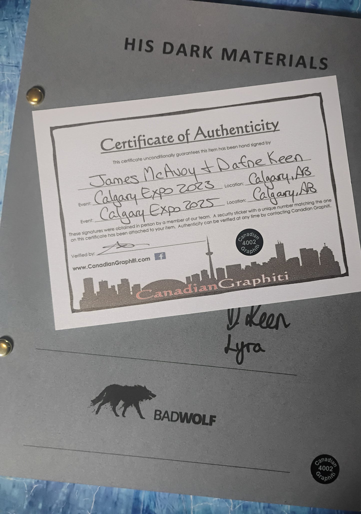 James McAvoy & Dafne Keen Hand Signed Autograph His Dark Materials Script COA