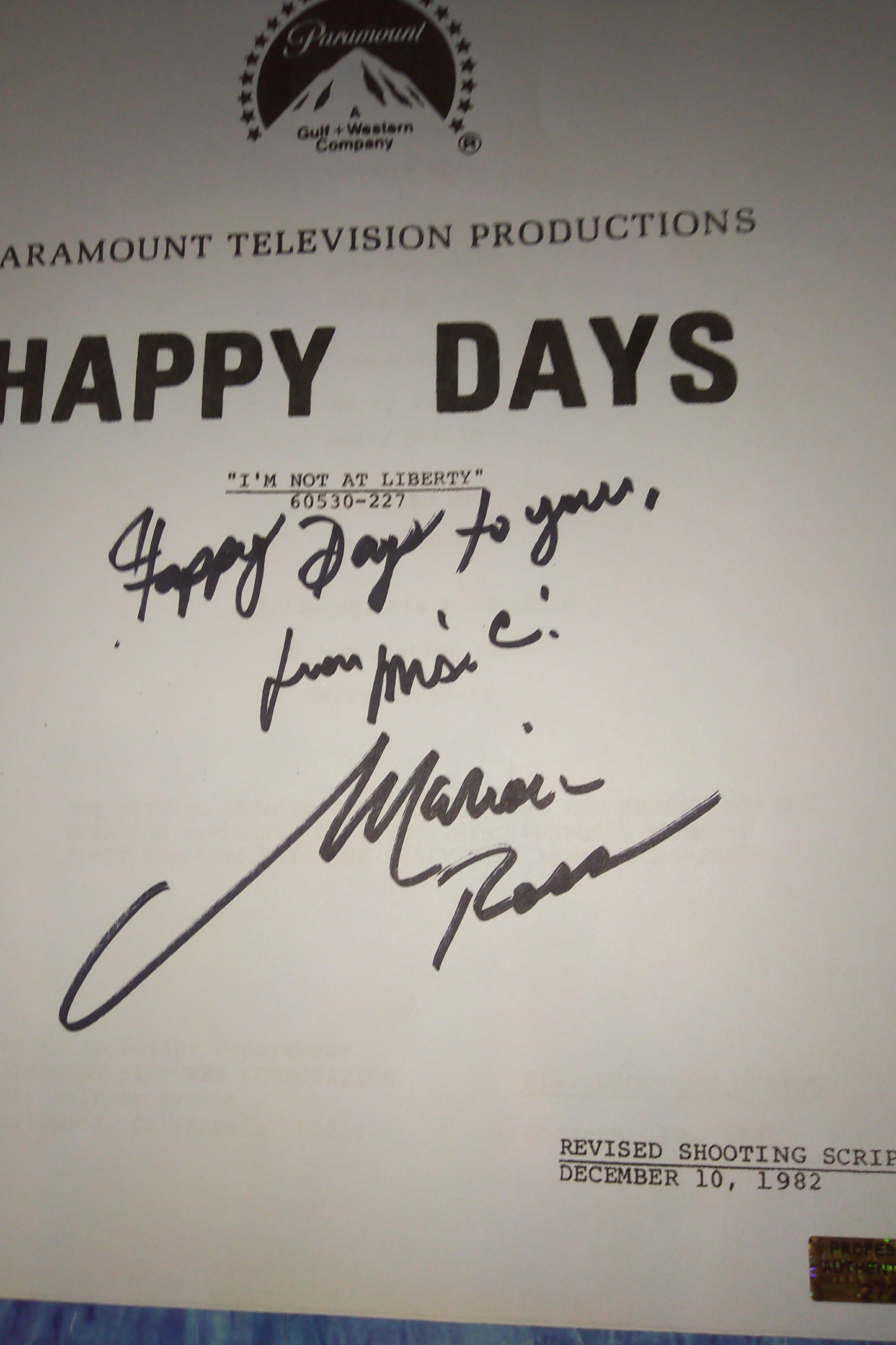 Marion Ross Hand Signed Autograph Happy Days Script COA