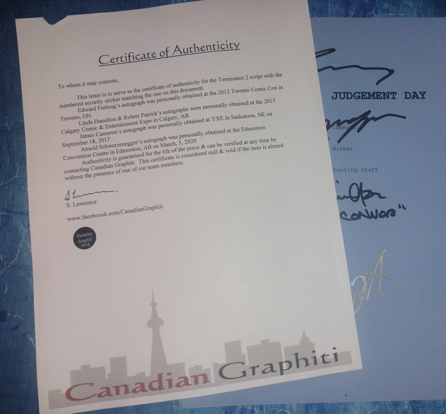 Terminator 2 Cast Hand Signed Script COA Arnold Schwarzenegger, Linda Hamilton, Edward Furlong
