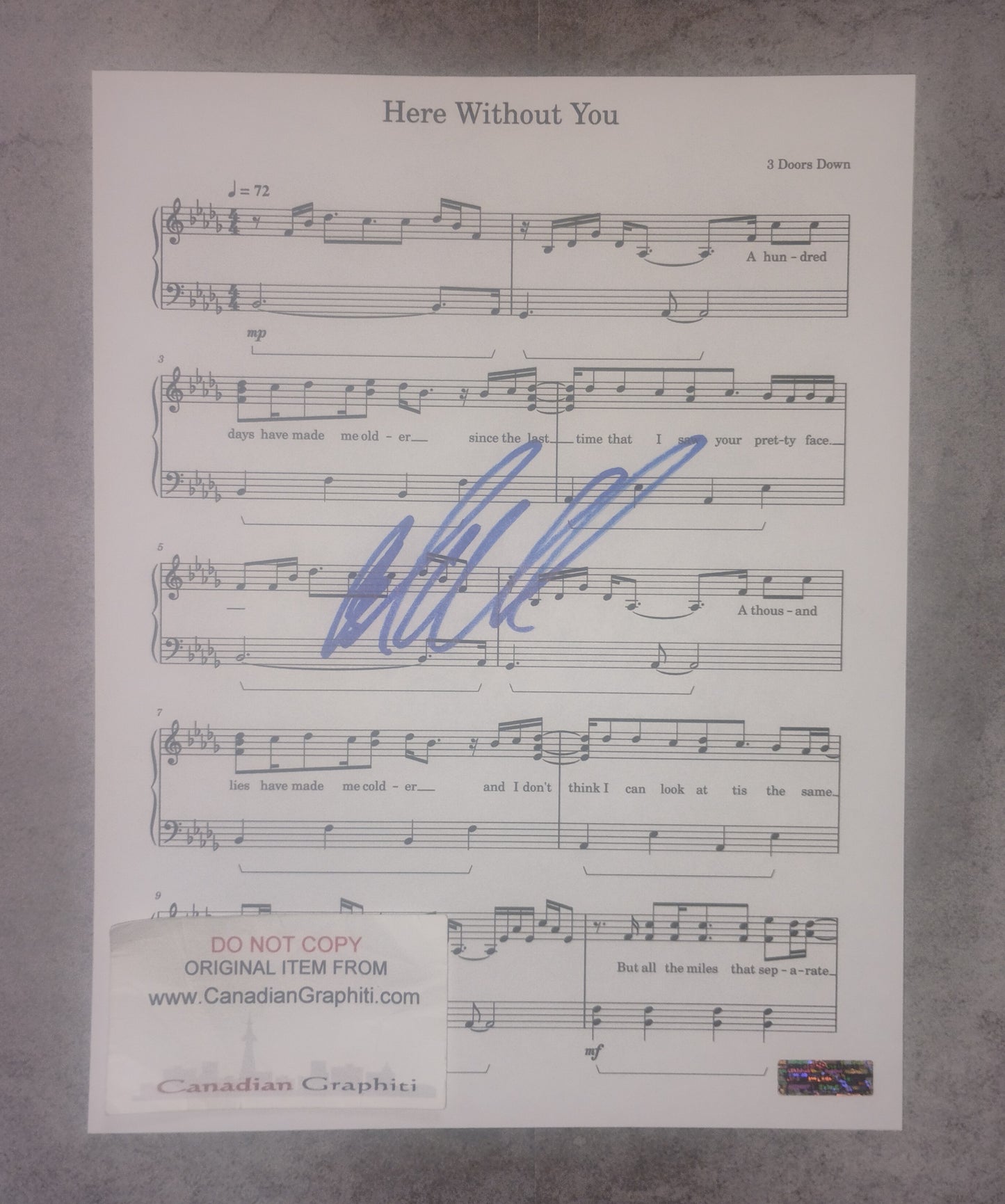 Brad Arnold Hand Signed Autograph Sheet Music COA 3 Doors Down