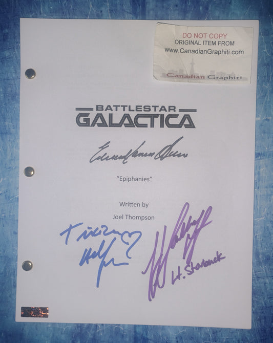 Battlestar Galactica 3x Hand Signed Script COA Tricia Helfer, Edward James Olmos & Katee Sackhoff