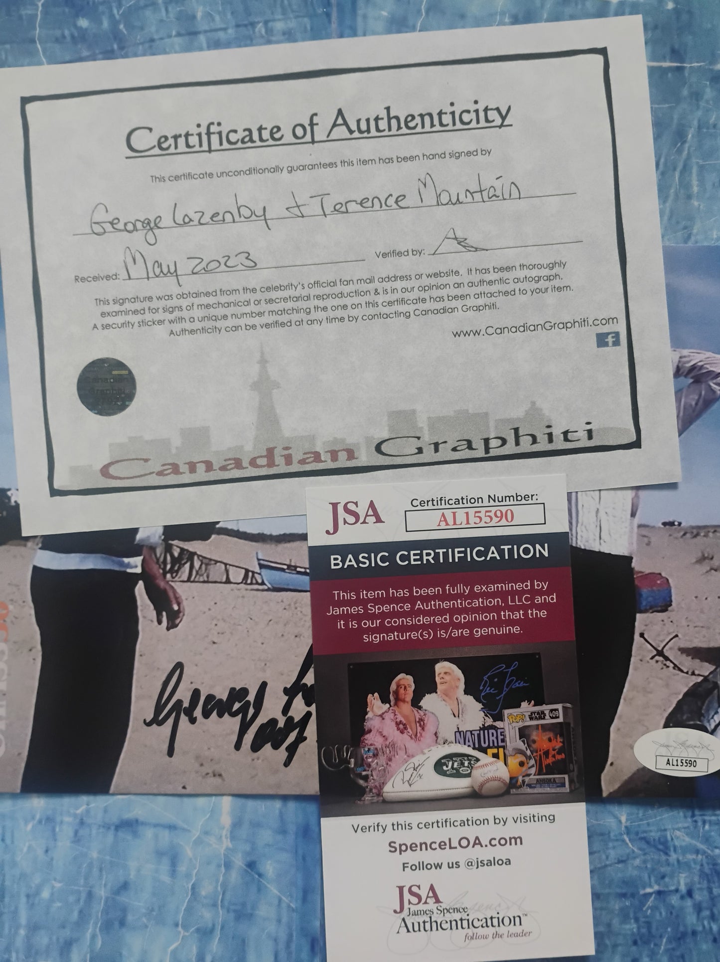 George Lazenby & Terence Mountain Hand Signed Autograph Photo JSA COA James Bond
