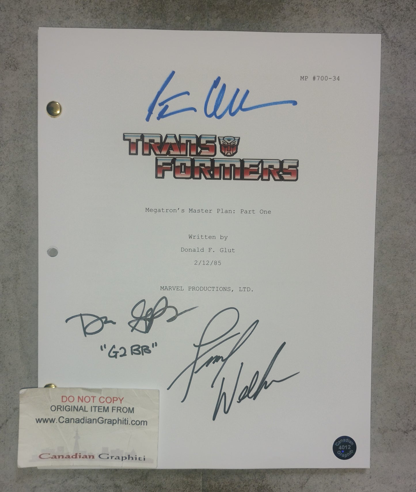 Peter Cullen, Frank Welker & Dan Gilvezan Hand Signed Autograph Transformers Script COA
