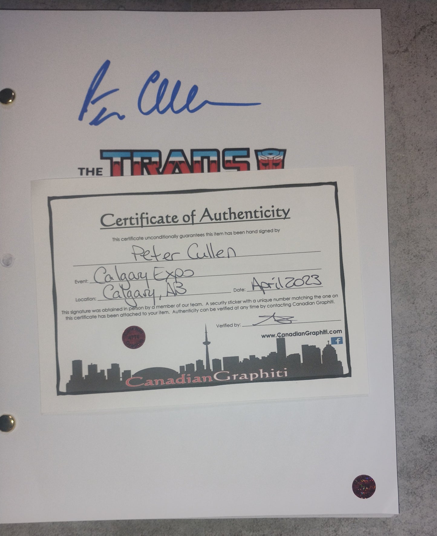Peter Cullen Hand Signed Autograph Transformers Script COA