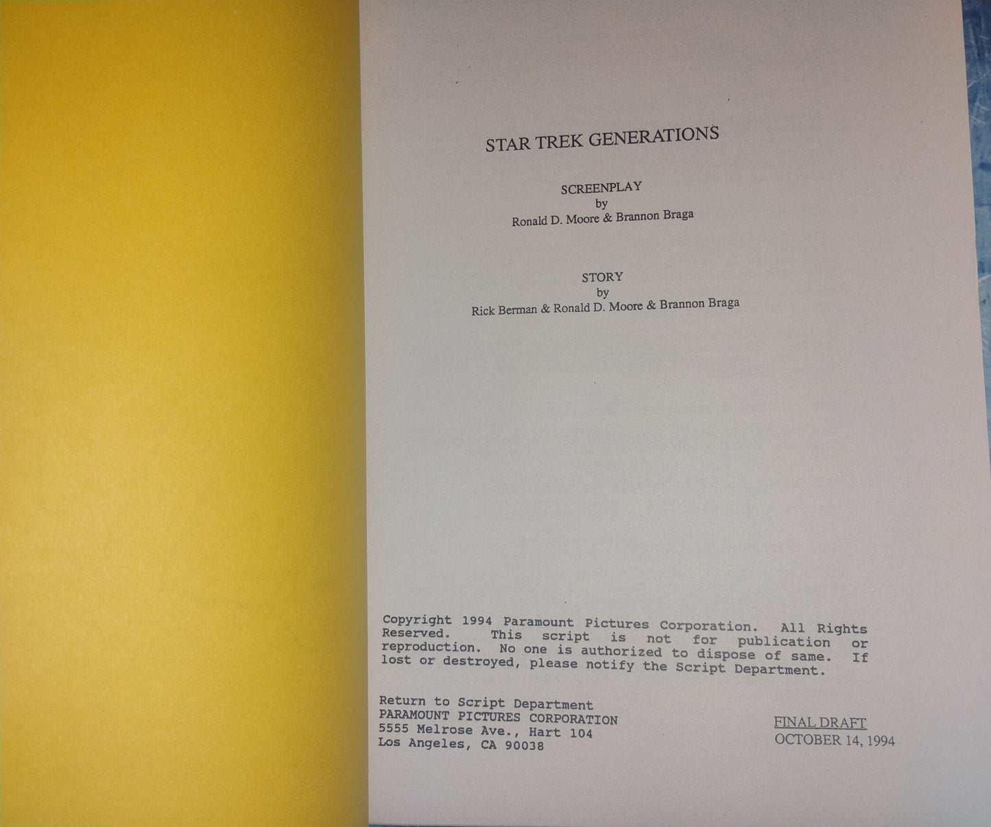 Malcolm McDowell Hand Signed Autograph Star Trek Generations Script JSA COA