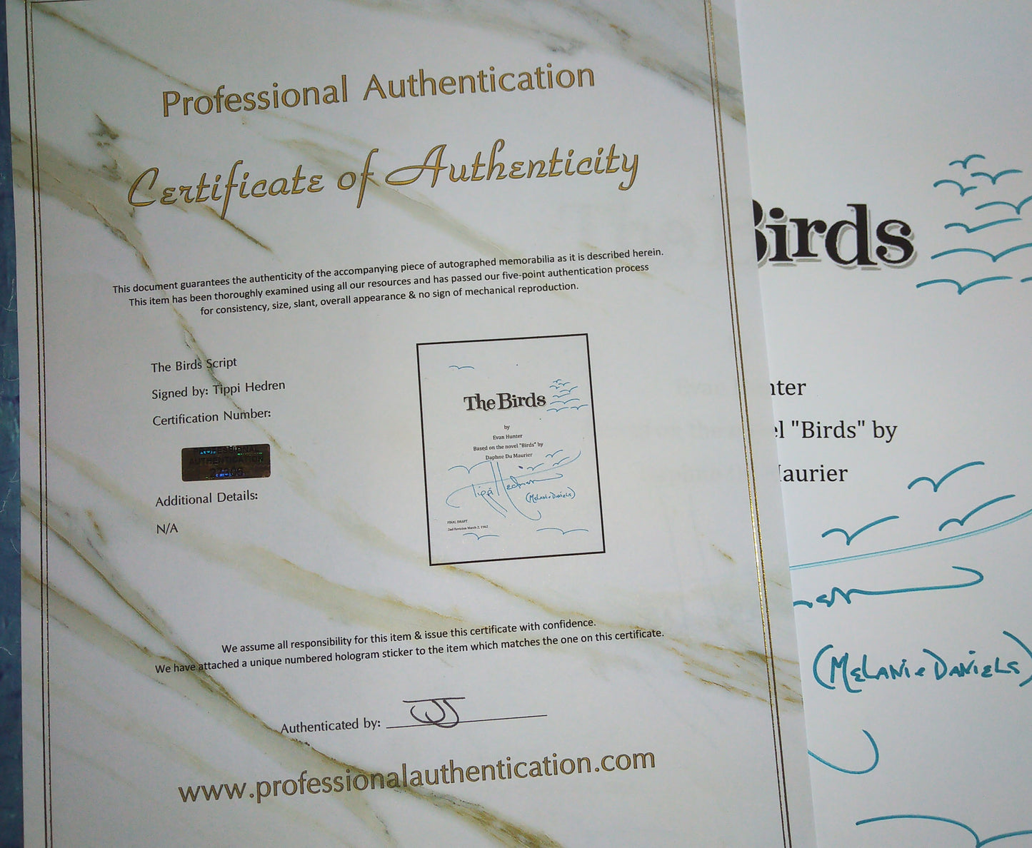 Tippi Hedren Hand Signed Autograph The Birds Script COA