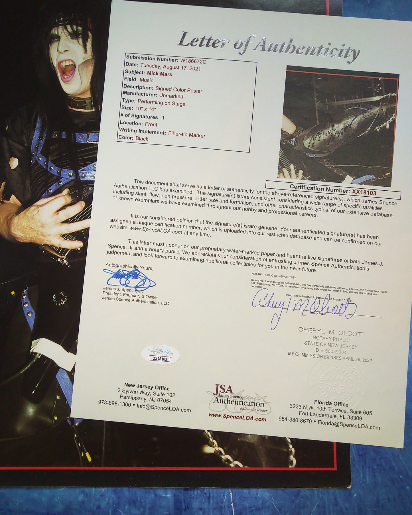 Mick Mars Hand Signed Autograph Pinup Poster JSA COA Motley Crue