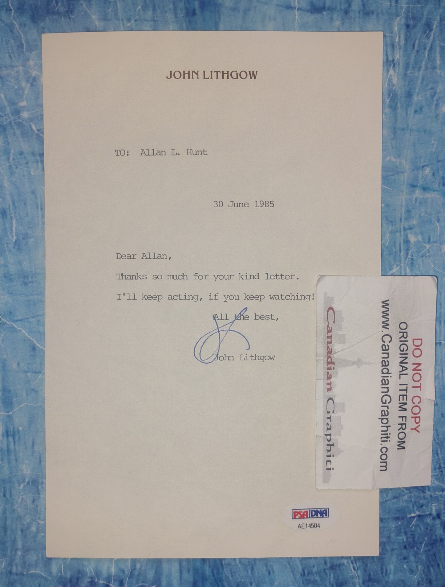 John Lithgow Hand Signed Autograph Personal Letter PSA COA