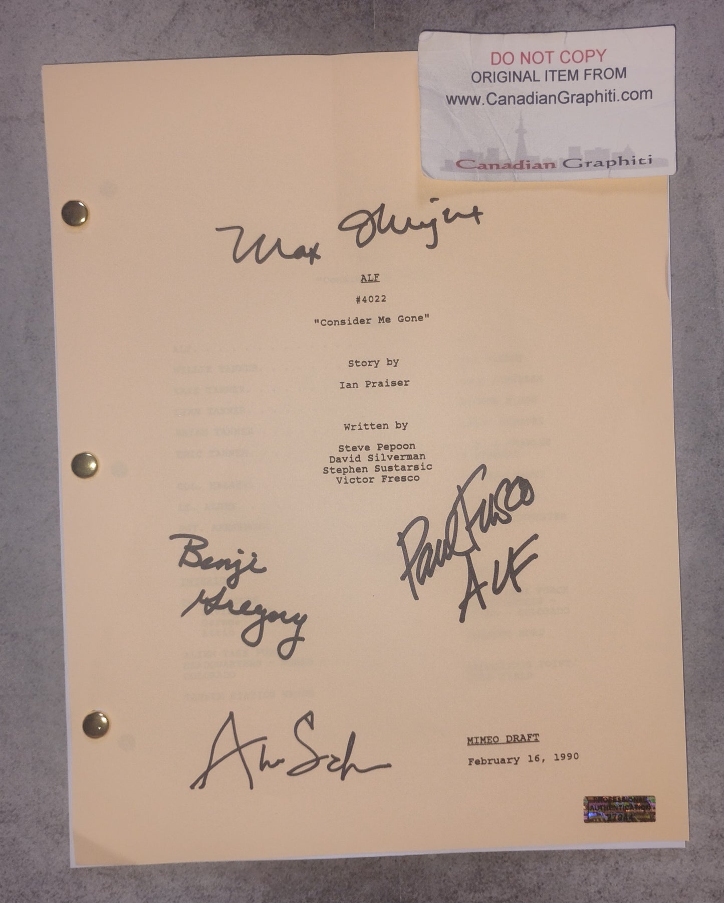 Alf 4x Cast Hand Signed Script COA Max Wright, Paul Fusco, Benji Gregory & Anne Schedeen