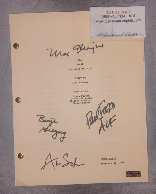 Alf 4x Cast Hand Signed Script COA Max Wright, Paul Fusco, Benji Gregory & Anne Schedeen