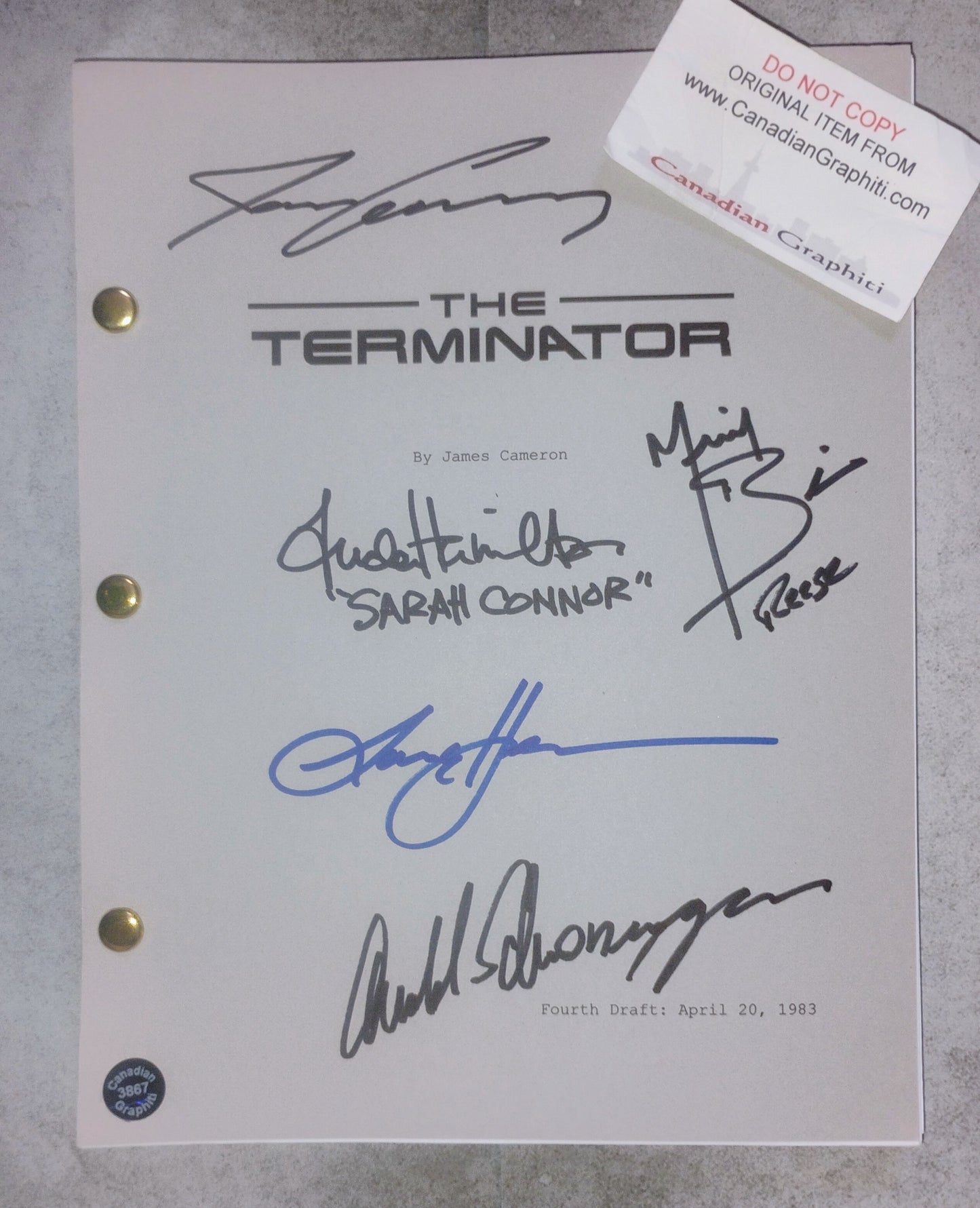 The Terminator 5x Cast Hand Signed Autograph Script COA Arnold Schwarzenegger, Linda Hamilton
